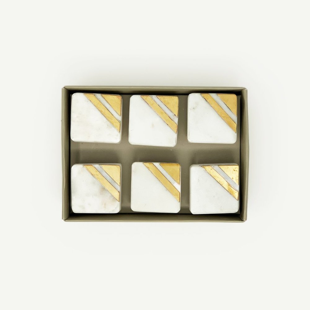 Modern White Stone + Gold Square Knobs | SET OF 6 | NEW IN BOX!!! - Picture 2 of 6